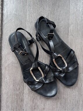 Vintage Roger Vivier Gladiator Metal Buckle Flat Sandals Black Sz 7.5 - Italy